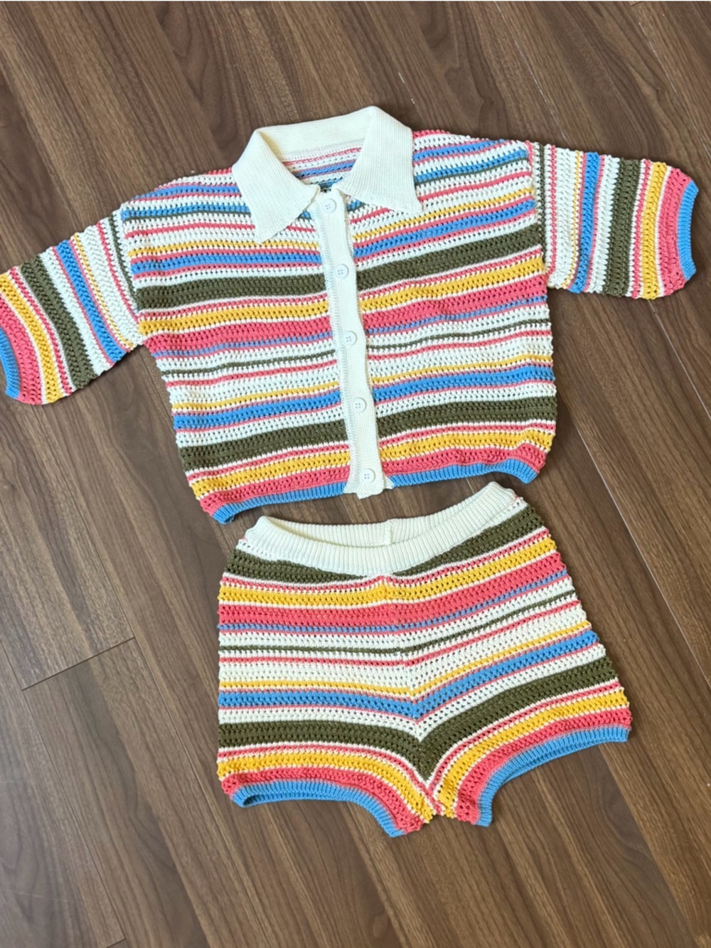 Crochet Two-Piece Striped Tank & Cardigan Set - Multicolor